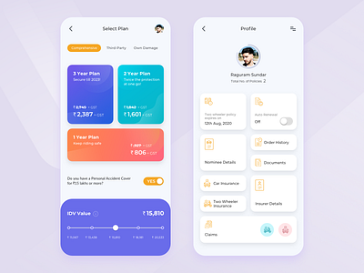 Insurance app app bike insurance car insurance insurance app mobile app my profile select plan tabs two wheeler insurance ui ux