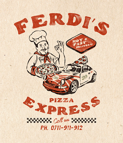 Ferdi's Pizza badge design branding illustration porsche t shirt design vector vintage vintage badge vintage design