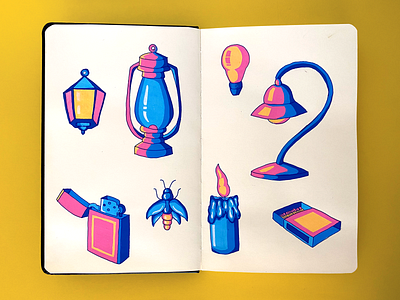 Lighting set blue candle drawing duotone firefly handdrawing illustration lamp lamppost lantern light lightbulb lighter marker notebook objects pink sketchbook yellow