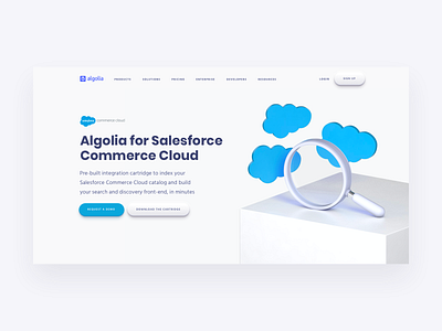 Salesforces SFCC x Algolia Integration Webpage 3d algolia c4d clean cloud design hero illustration landing page magnifying glass minimalist monocromatic salesforce search sfcc sober ui webdesign white