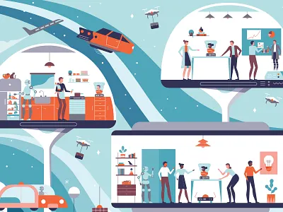 Online Innovation ai character characterdesign drones future city futuristic graphic hovercraft ideas illustration innovation robots space vector