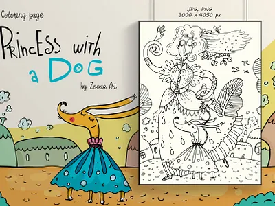 Princess with a Dog animal clipart coloring book coloring page design dog dogs illustraion illustration prints zooza