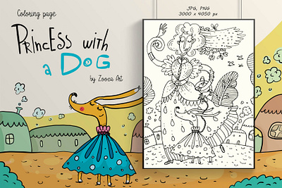 Princess with a Dog animal clipart coloring book coloring page design dog dogs illustraion illustration prints zooza