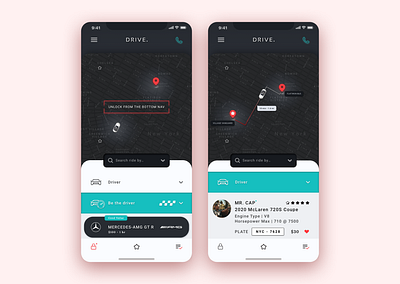 UI Mobile App design for Drive. Supercar rental service app carservice dailyui dark interface logo racing car rental car supercars taxi booking app ui design