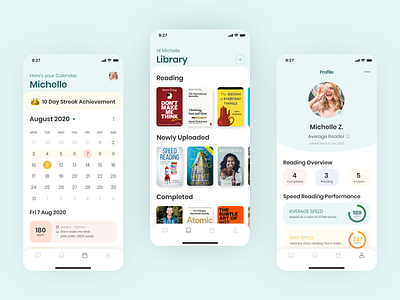 Speed Reading App UI Design appdesign calendar calendar ui figmadesign iphoneapp library mobiledesign pastel colors profile profile ui readerapp readingapp speedreading streak uidesign uxdesign