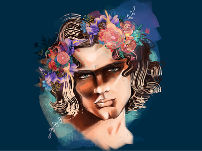 flowerchild art blue dark digital art digital illustration flowerchild flowers illustration ipad long hair man men night painting portrait print procreate sensitive turquoise