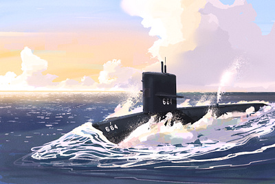 USS Sea Devil blow clouds digital art digital painting hull military ocean periscope submarine sunset wave