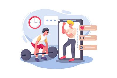 The man learning to lift weights with online teacher. app college course courses device e book education illustration learning library management online online learning society student study studying teaching template video tutorial