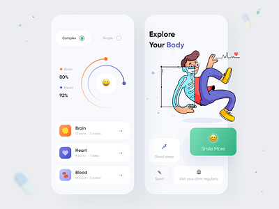 Health App app body chart clean color emoji health heart heartbeat illustration medical minimal mobile mobile app scanner sleep statistics status switch ui