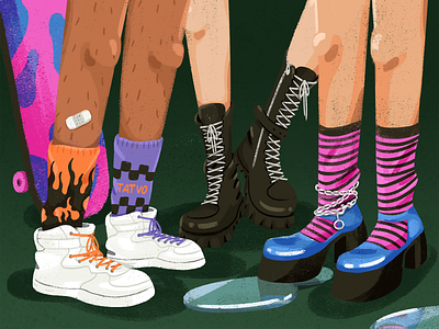 Hanging out with friends boots character characterdesign friends hangout high heels illustration shoes skate skateboard sneaker street street art streetwear trainer