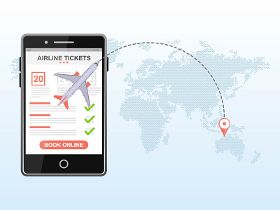 ORDERING FLIGHT ON MOBILE APP aircraft app application boarding book cellphone destination digital flat flight map online pin reservation route smartphone travel trip vector