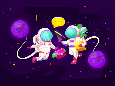 Astronauts seller and buyer art cartoon character comics communication concept cosmos design art flat illustration personage space vector