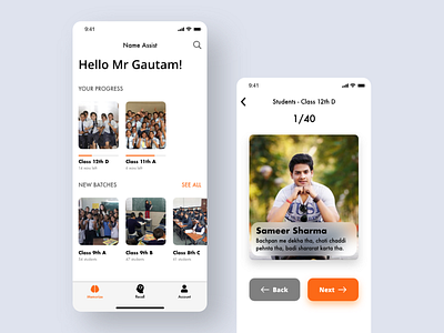 Name Assistant- App for teachers to memorize new student's names adobe xd learn learn new name memorize names progress swipe right ux uxui