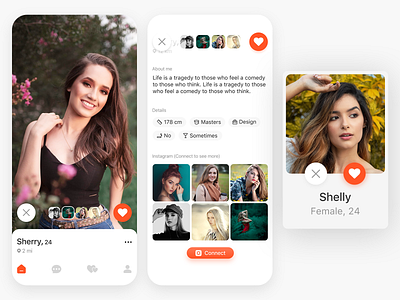 Dating App about me about page activity chat chat app dating dating website datingapp design detail details dislike feed likes my profile photo profile profile design profile page ui
