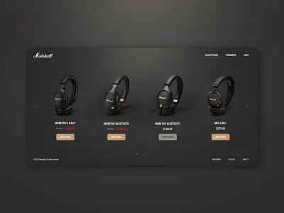 Marshall Website Redesign ( Headphones Page ) add to cart dark theme dark ui dark web headphone headphones marshall out of stock product products page redesign slider ui design ux design web web design web redesign website website concept website design