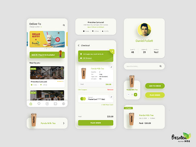 Presotea - Drink app android button checkout clean delivery app drink drink app drink store food app green iphone minimal mobile app mobile app design online drink place order profile ui uiux