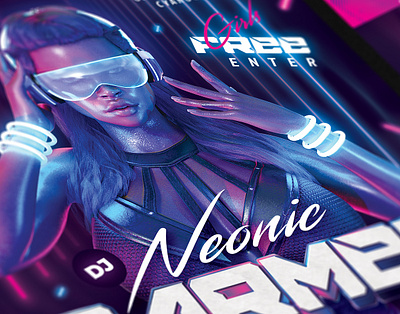 Party Flyer DJ Neonic Carmen 80`s 80s dj eighties flyer future futuresynth girl invite music neon new outrun party retro retrowave sexy synth synthwave wave
