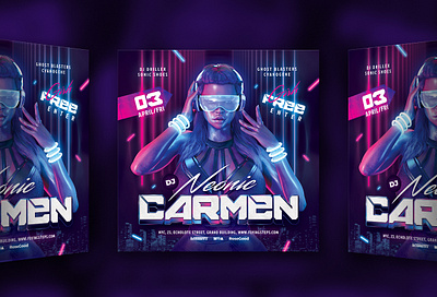 Party Flyer DJ Neonic Carmen 80`s 80s dj eighties flyer future futuresynth girl invite music neon new outrun party retro retrowave sexy synth synthwave wave