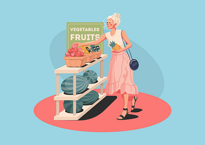 Girl in a fruit shop adobe illustrator character choice fruits girl girl character girl illustration healthy healthy eating healthy food healthy lifestyle illustration pineapple shopping store vector vector art vector illustration vegetables