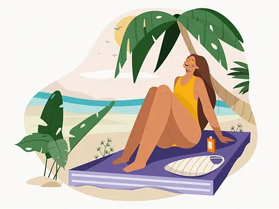 girl on the beach 2d art 2d character 2d personage beach cartoon character character design cute flat illustration girl illustration illustration 2d illustrator palm pants personage product summer texture vector