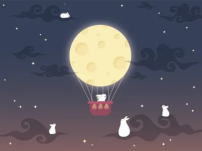 Moon Balloon adobe adobe illustrator art artist balloon bunny cute design draw drawing illustration illustrator logo moon night rabbits sky starry stars vector