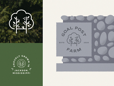 Goal Post Farm, II badge branding flat geometric goal goal post green illustration leaves logo logo design mark minimal nature logo signage stone stone sign tree tree logo typography