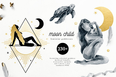 MOON CHILD Celestial Goddess abstract background blog branding celestial clipart design floral flyer goddess hands illustration invitations logos moon child poster poster design unique vector watercolor