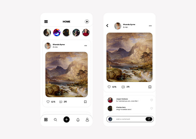 Art Gallery App - Home Screen UI adobe xd art store buy comment figma grey home home page home screen like minimal minimalism painting sell share shop social social media story white