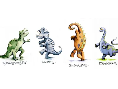 Dancing Dinosaurs characters childrens childrens book illustration pen and ink