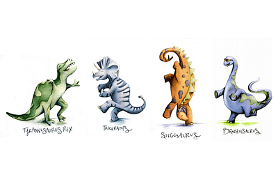 Dancing Dinosaurs characters childrens childrens book illustration pen and ink