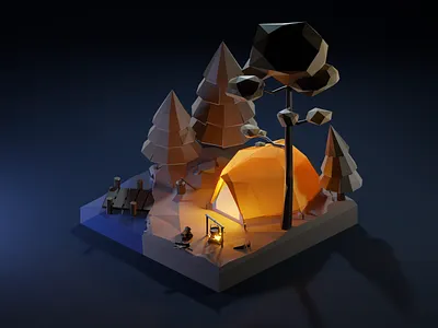 Camp Vibe At Night 3d 3dillustration 3dmodeling b3d blender3d blender3dart camp camping diorama illustration isometric lowpoly lowpolyart nature renders travel