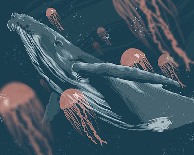 Deep Blue animal animal art blue design illustration jellyfish logo ocean pink poster art poster design posters sea vector whale