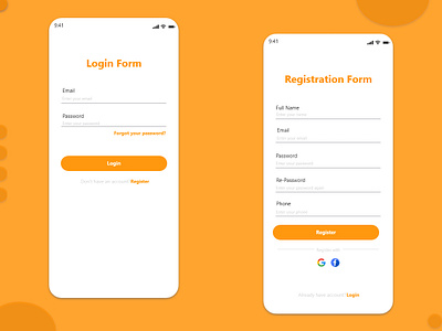 Login and Registration Screen login mobile orange register ui ui design