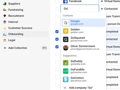 Add Contacts ✨✨ add contact checkbox crm design manage contacts modal navigation online popover relationships search search results suggestions table ui ux