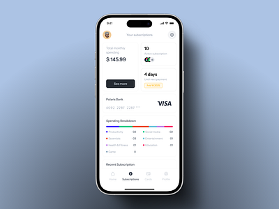 A subsricption managerment banking fintech mobile app subscription ui