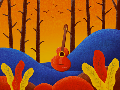 Guitar in the forest forest guitar illustration mood nature procreate trees ui ux vector