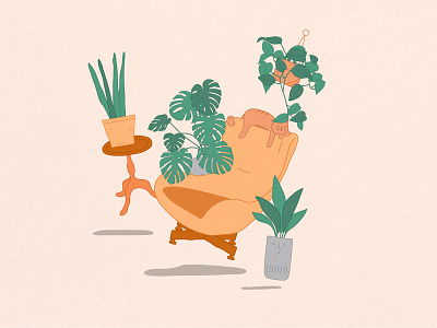 Plants and mid-century furniture cat chair furniture illustration mid century plants textured illustration