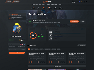 Gaming platform - Profile page dark theme game gaming ui ux web design webdesign world of warcraft wow