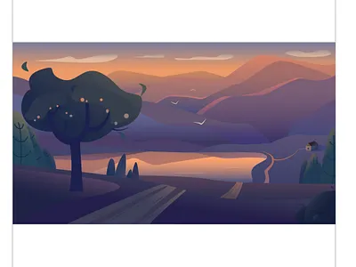 Lake in the mountains 2d art adobeillustator design flat illustration lake landscape mountains sunset vector