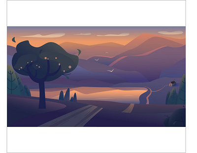 Lake in the mountains 2d art adobeillustator design flat illustration lake landscape mountains sunset vector