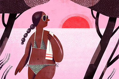 Day at the Beach beach colourful digital art digitalart girl illustration ipadart people pink procreate summer sunset travel illustration woman