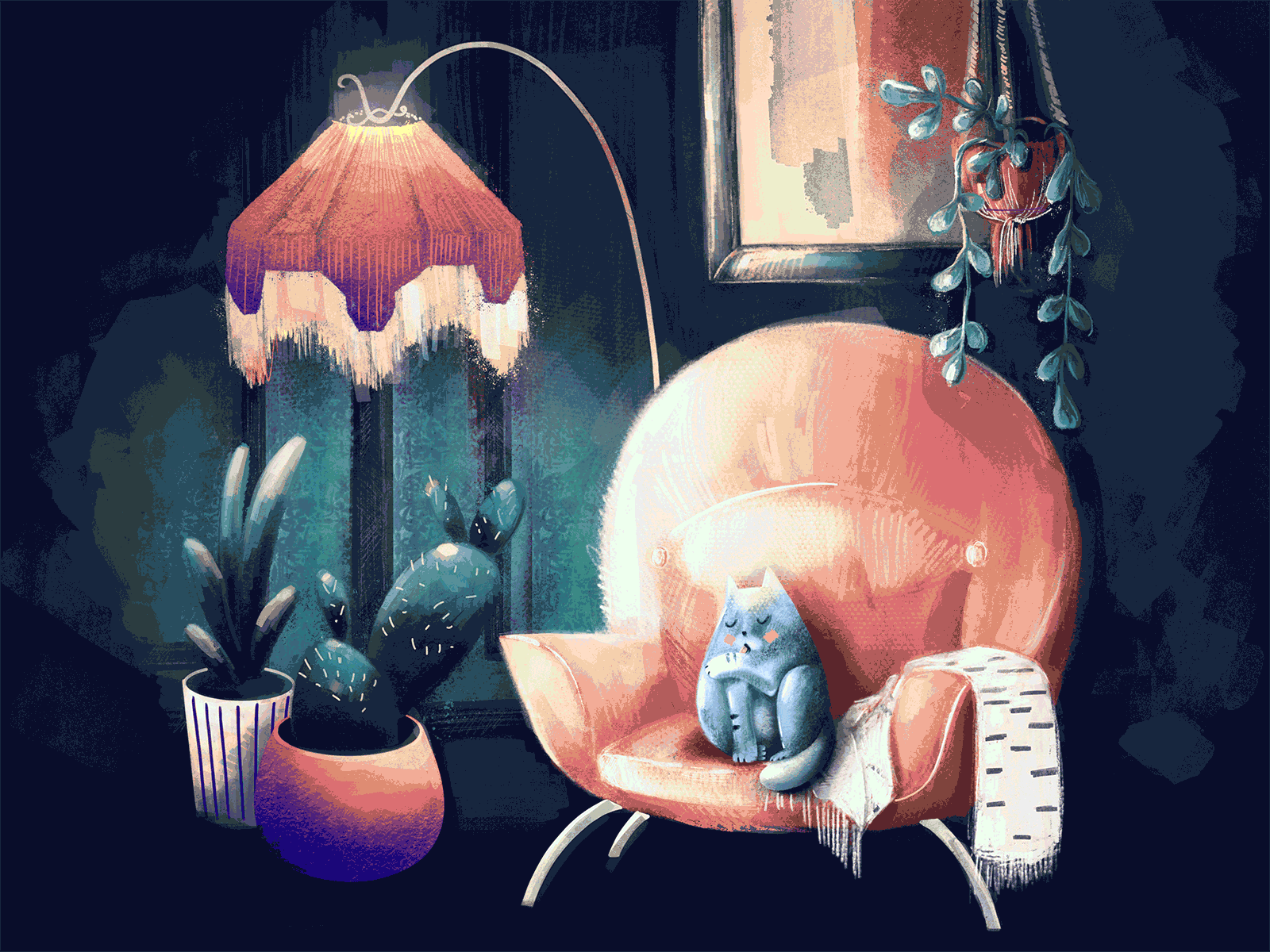 do not disturb✨🧼 animals animated gif animation cat chair design digital art digital illustration flat graphic design green home illustration ipadpro peach pet plants procreate queen ui