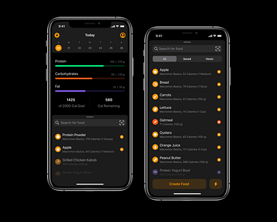 Refreshed Overview & Food Search dark darkmode diet food ios mobile progress search user interface ux