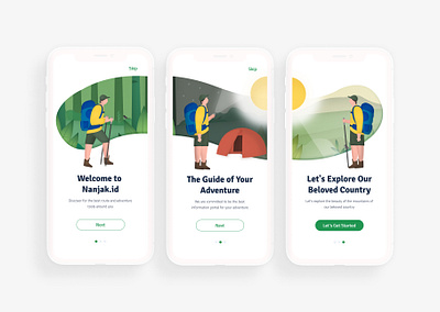 Nanjak.id Mountain Hiking App Onboarding Screen app blue branding design flat green header hiking holiday illustration mountain mountaineering mountains nature onboarding screen travel ui vector