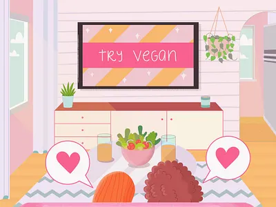 Veganism On TV art artwork design digitalart feminism flat illustration friends girl girl illustration girls illustration illustration art illustrator logo photoshop pink tv vector vegan vegan food