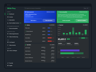 New Widr Pay dashboard (dark version) buttons chart charts colors dark dashboard dashboard design data gradients menu navigation rounded shadow shadows ui ux design vizualization widget