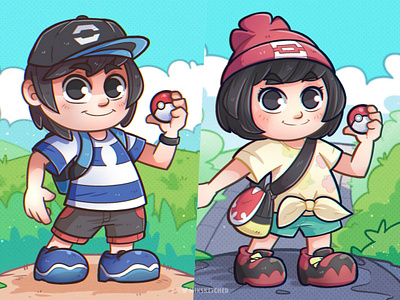 Pokemon Sun and Moon trainers cartoon illustration chibi clip studio paint fanart illustration miksketched pokemon art pokemon trainer sun and moon