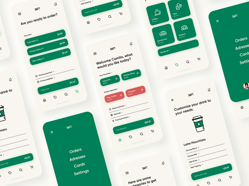 Daft Coffee Mobile App app app design cafe clean coffee mobile mobile app shapes simple simplistic typography ui ux xd design