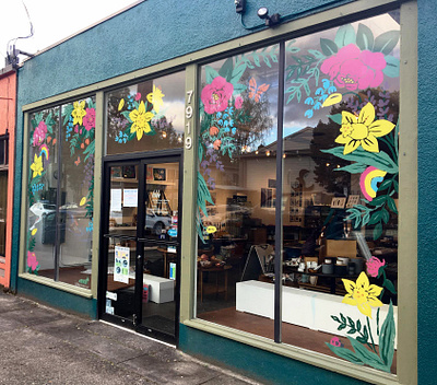 Summer Quarantine Window Display, Portland Oregon acrylic paint boutique daffodils ferns florals gift store illustration orange peel oregon pacific northwest peony portland pride month quarantine art rainbows retail sunlight visual merchandising window display window shopping