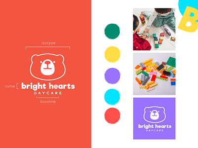 Bright Hearts Daycare Logo Design bear brand design branding character child children colorful concept daycare design logo design minimal orange school teacher toys vector